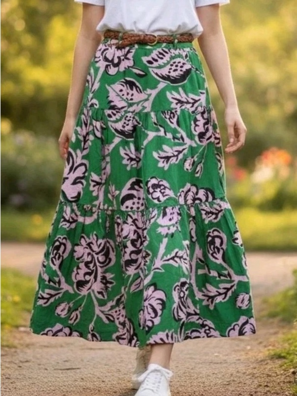 Boden Lorna Tiered Maxi Skirt Green Pink Floral Cotton US 14R